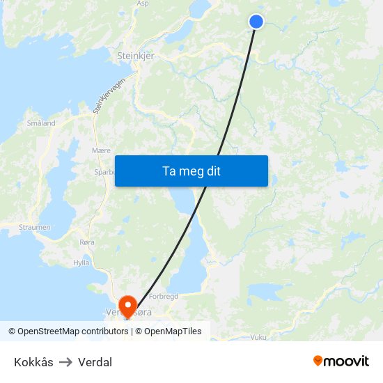 Kokkås to Verdal map
