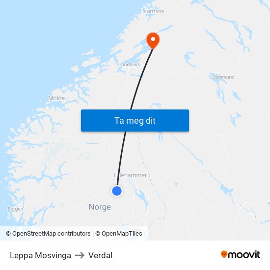 Leppa Mosvinga to Verdal map