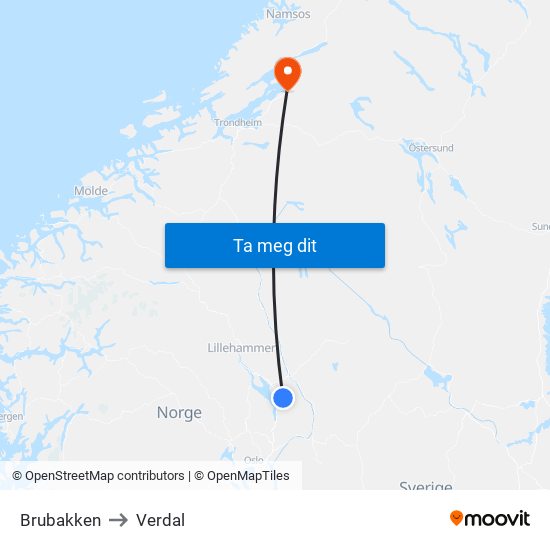 Brubakken to Verdal map