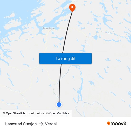 Hanestad Stasjon to Verdal map