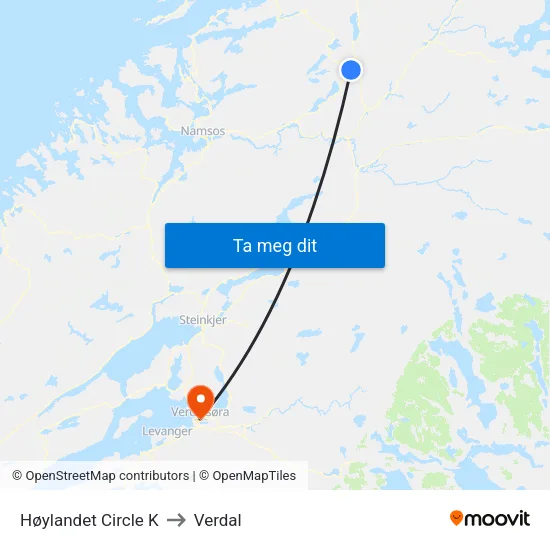 Høylandet Circle K to Verdal map