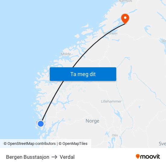 Bergen Busstasjon to Verdal map