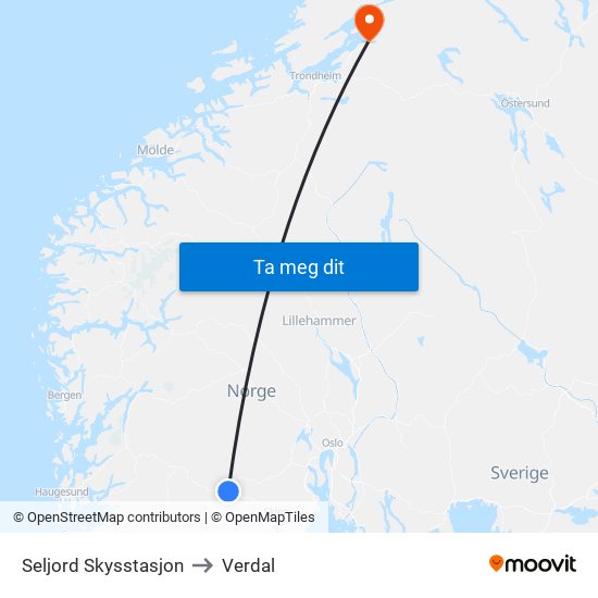 Seljord Skysstasjon to Verdal map