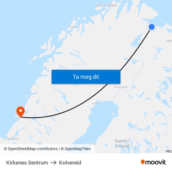Kirkenes Sentrum to Kolvereid map