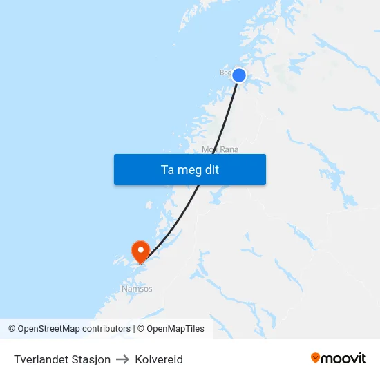 Tverlandet Stasjon to Kolvereid map