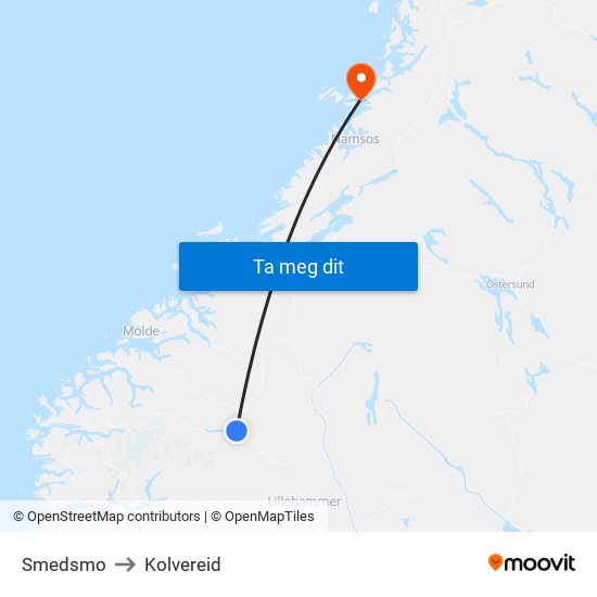 Smedsmo to Kolvereid map