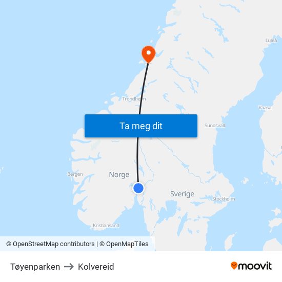 Tøyenparken to Kolvereid map