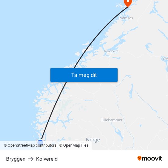 Bryggen to Kolvereid map