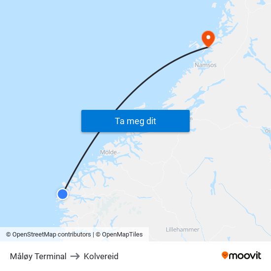 Måløy Terminal to Kolvereid map