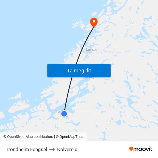 Trondheim Fengsel to Kolvereid map