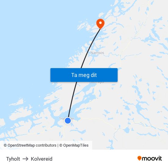 Tyholt to Kolvereid map