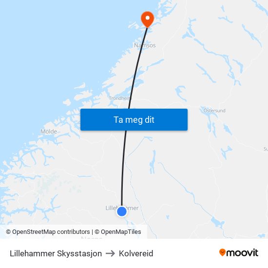 Lillehammer Skysstasjon to Kolvereid map
