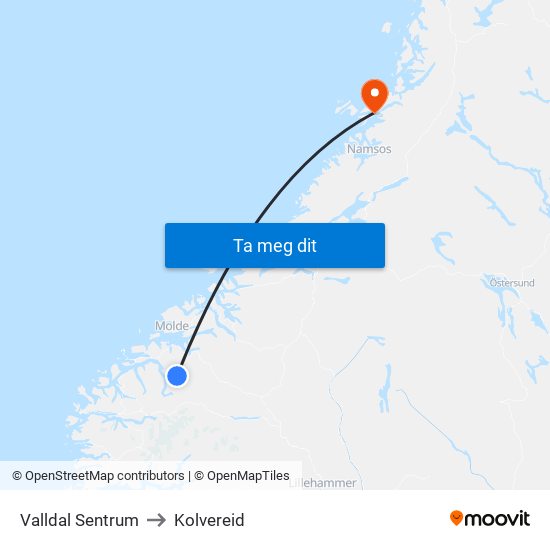 Valldal Sentrum to Kolvereid map