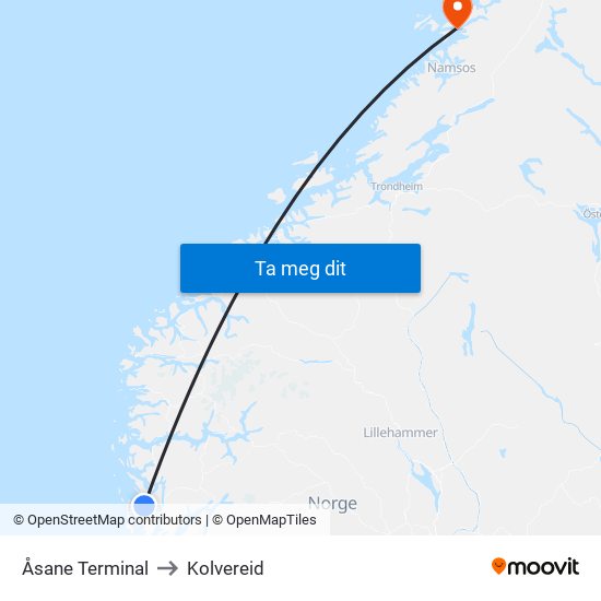 Åsane Terminal to Kolvereid map