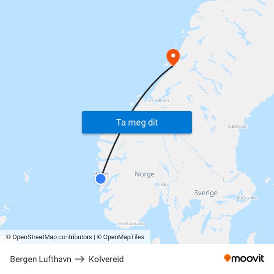 Bergen Lufthavn to Kolvereid map