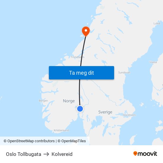 Oslo Tollbugata to Kolvereid map