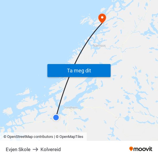 Evjen Skole to Kolvereid map