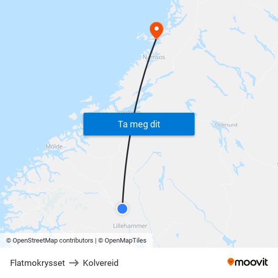 Flatmokrysset to Kolvereid map