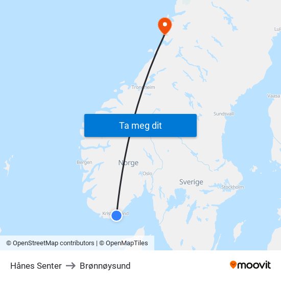 Hånes Senter to Brønnøysund map