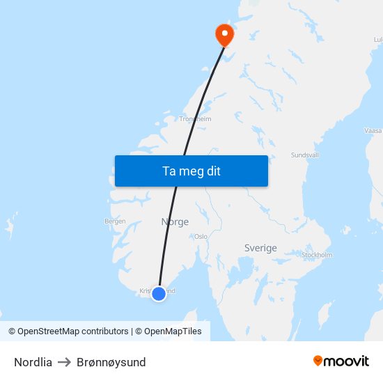 Nordlia to Brønnøysund map