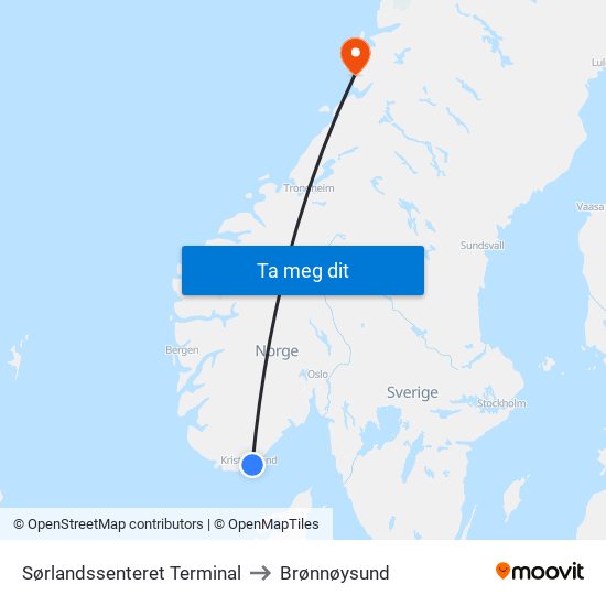 Sørlandssenteret Terminal to Brønnøysund map