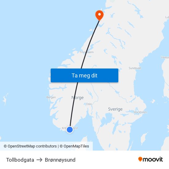 Tollbodgata to Brønnøysund map