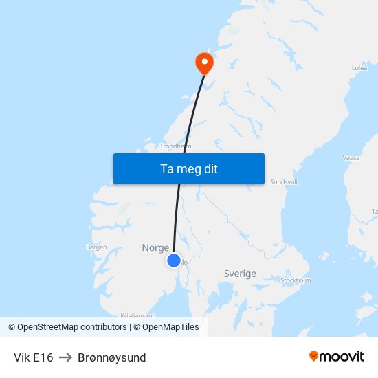 Vik E16 to Brønnøysund map