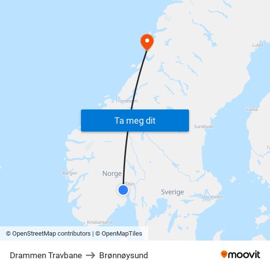 Drammen Travbane to Brønnøysund map