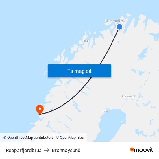 Repparfjordbrua to Brønnøysund map