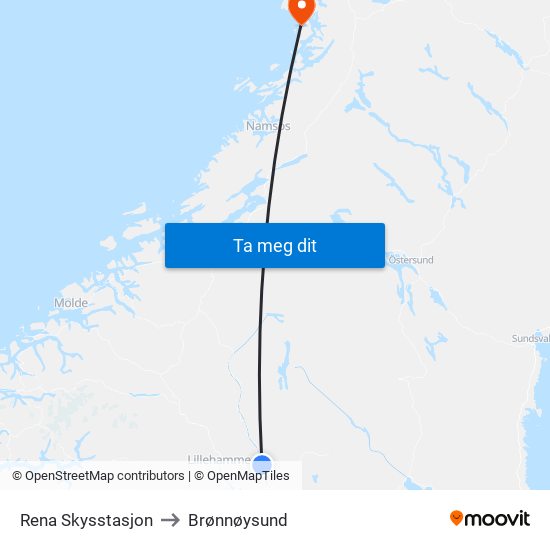 Rena Skysstasjon to Brønnøysund map