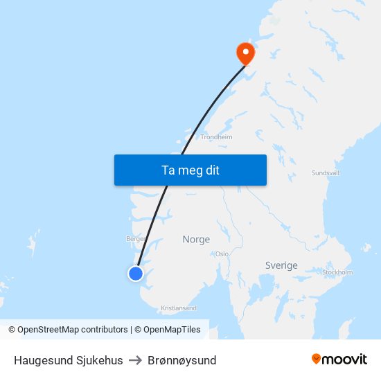 Haugesund Sjukehus to Brønnøysund map