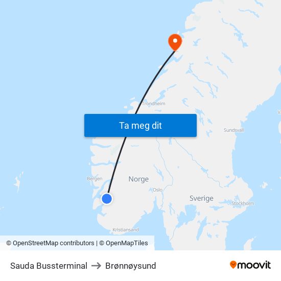 Sauda Bussterminal to Brønnøysund map