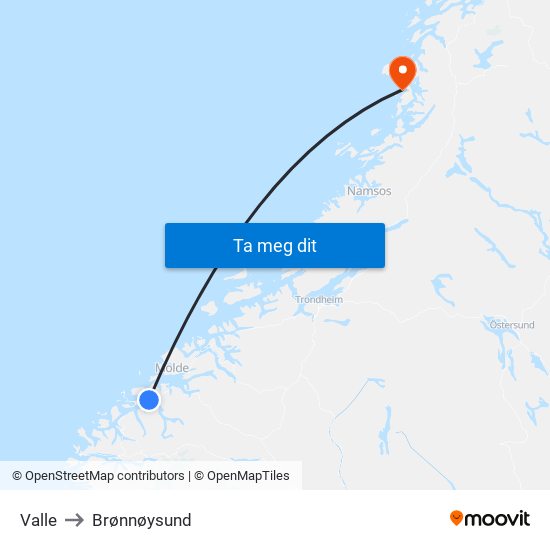 Valle to Brønnøysund map