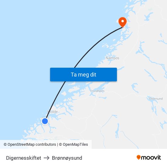 Digernesskiftet to Brønnøysund map