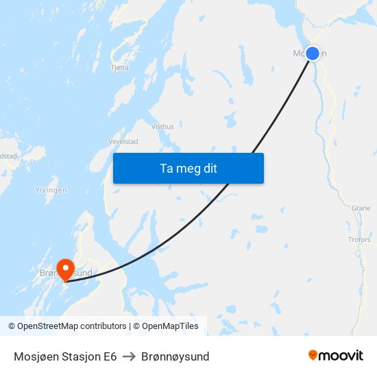 Mosjøen Stasjon E6 to Brønnøysund map