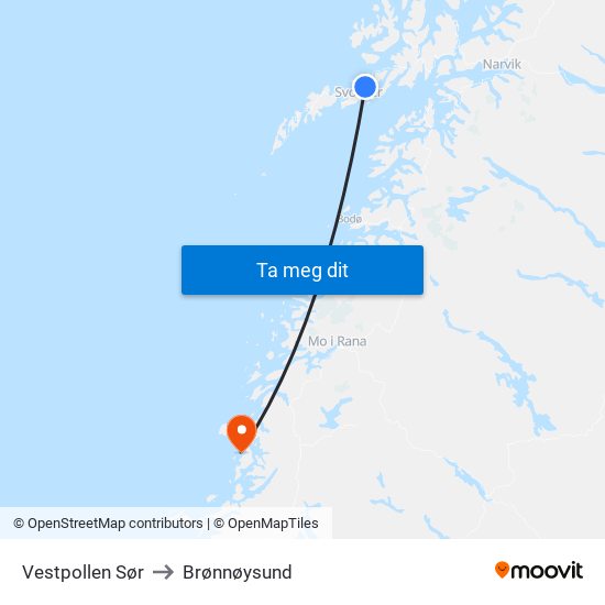 Vestpollen Sør to Brønnøysund map