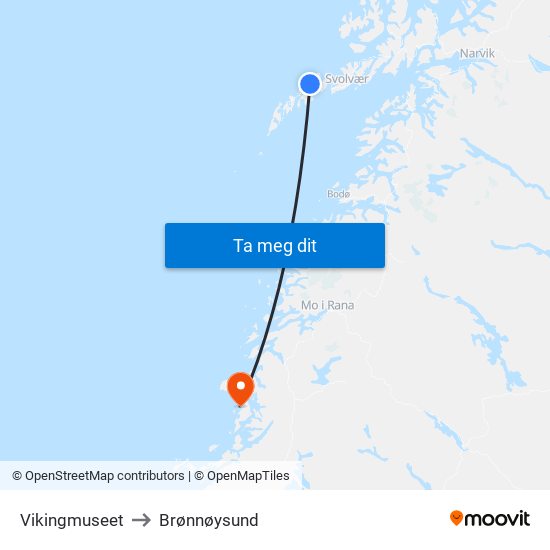 Vikingmuseet to Brønnøysund map