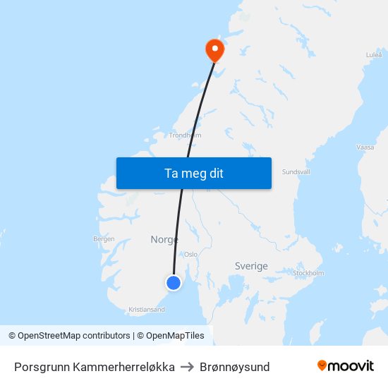 Porsgrunn Kammerherreløkka to Brønnøysund map
