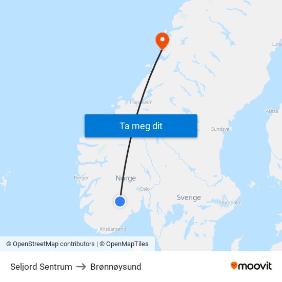 Seljord Sentrum to Brønnøysund map