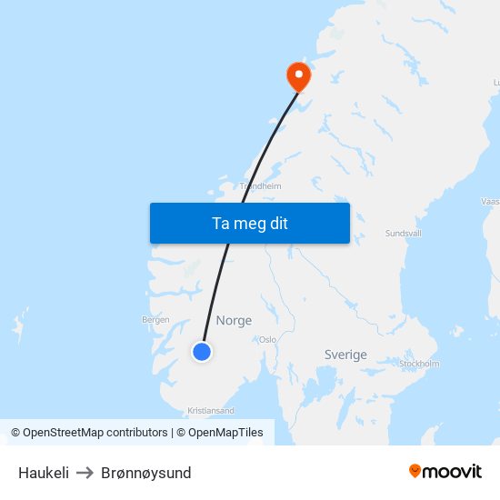 Haukeli to Brønnøysund map