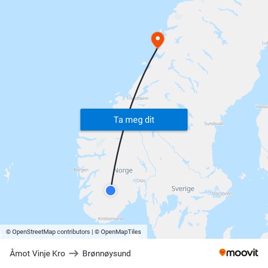 Åmot Vinje Kro to Brønnøysund map