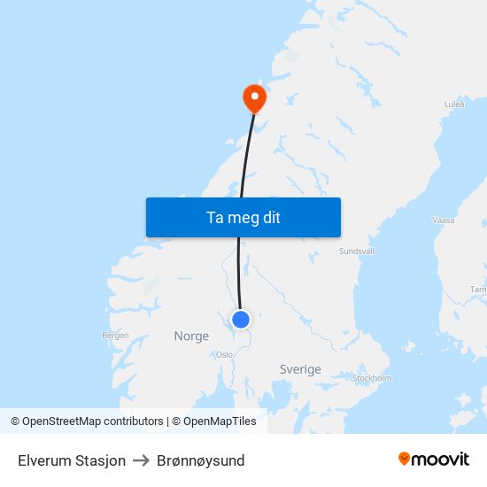 Elverum Stasjon to Brønnøysund map