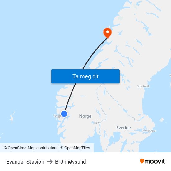 Evanger Stasjon to Brønnøysund map