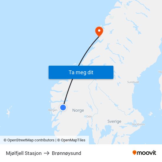 Mjølfjell Stasjon to Brønnøysund map