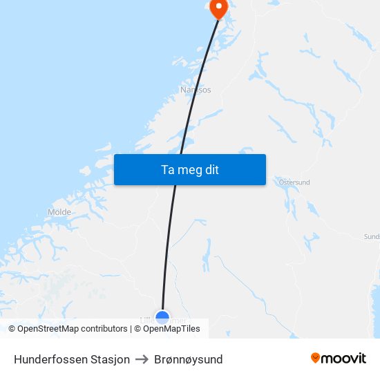 Hunderfossen Stasjon to Brønnøysund map