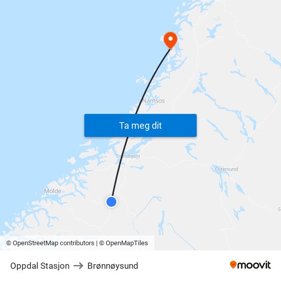 Oppdal Stasjon to Brønnøysund map