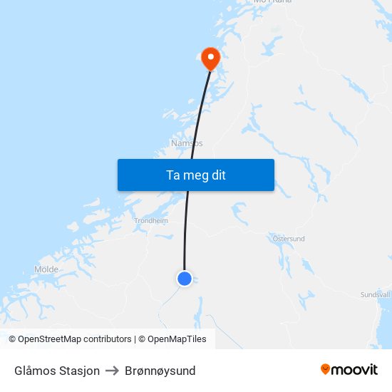 Glåmos Stasjon to Brønnøysund map