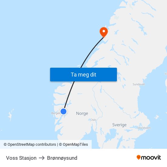 Voss Stasjon to Brønnøysund map