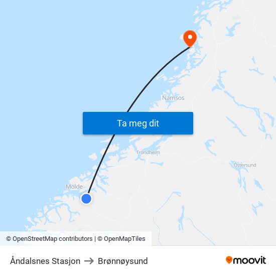 Åndalsnes Stasjon to Brønnøysund map