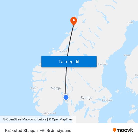 Kråkstad Stasjon to Brønnøysund map